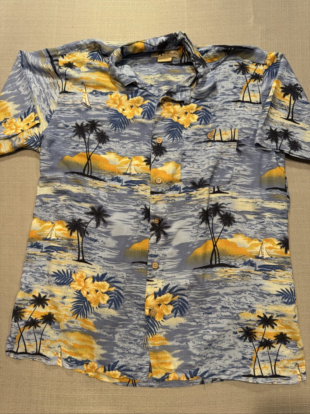 Men’s Joe Marlin Hawaiian Tropical Button-Down Shirt – Blue – Large